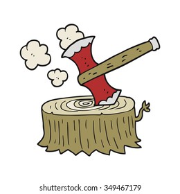 freehand drawn cartoon tree stump and axe
