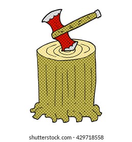 freehand drawn cartoon tree stump and axe