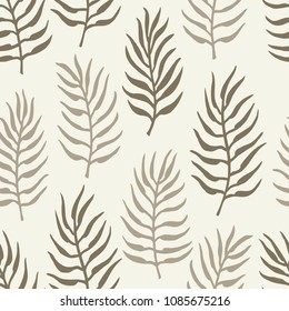 Freehand drawn cartoon wild tropical palm tree leaves on beige background. Floral tropic plant pattern. Vector seamless pattern.