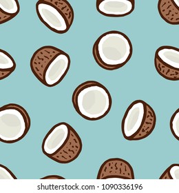Freehand drawn cartoon wild tropical cocos coconuts on light cyan blue background. Tropic pattern. Vector seamless pattern.