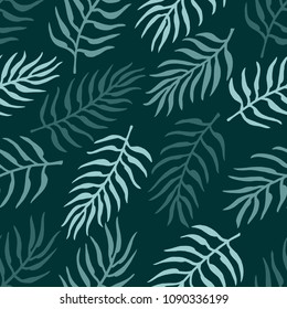 Freehand drawn cartoon wild tropical cyan palm tree leaves on dark cyan background. Floral tropic plant pattern. Vector seamless pattern.