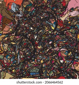 Freehand drawn, colorful abstract pattern, with fluid, smooth black marker lines