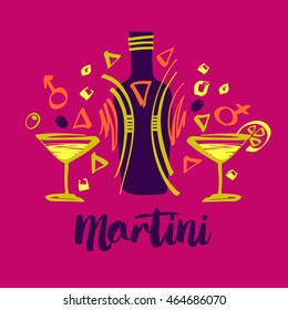 Freehand drawn colorful vector logotype with wine bottle martini and two glasses.  Concept illustration of wine and martini list, menu bar with alcohol drinks. 