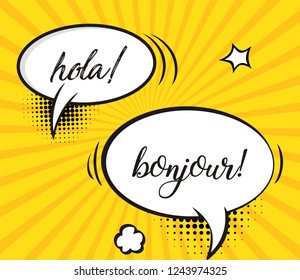 freehand drawn comic book speech bubble cartoon word bonjour
