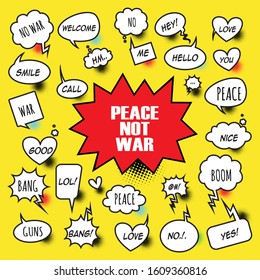freehand drawn comic book speech bubble cartoon word peace not war