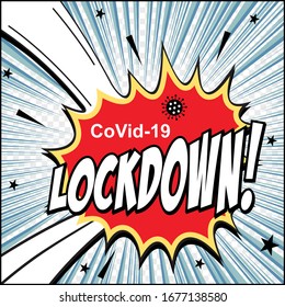 freehand drawn comic book speech bubble cartoon word covid 19 lockdown