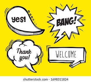 freehand drawn comic book speech bubble cartoon word yes,bang,thank you,welcome