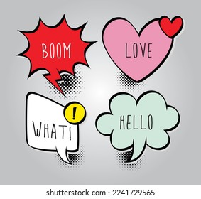 freehand drawn comic book speech bubble cartoon word hello,love,boom,what