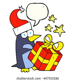 freehand drawn comic book speech bubble cartoon christmas penguin with present
