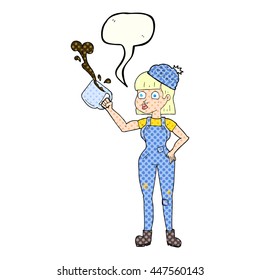freehand drawn comic book speech bubble cartoon female worker with coffee mug