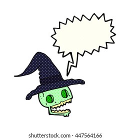 freehand drawn comic book speech bubble cartoon skulll wearing witch hat