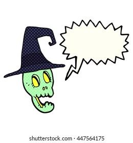freehand drawn comic book speech bubble cartoon skull wearing witch hat