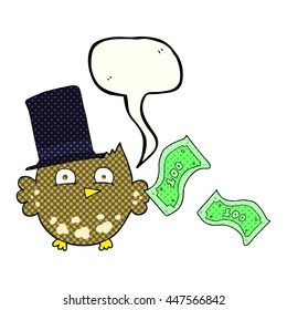 freehand drawn comic book speech bubble cartoon wealthy little owl with top hat