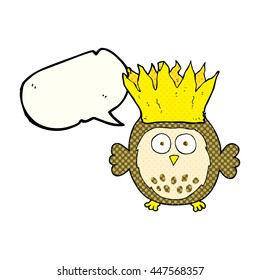 freehand drawn comic book speech bubble cartoon owl wearing paper crown christmas hat