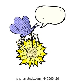 freehand drawn comic book speech bubble cartoon butterfly on flower