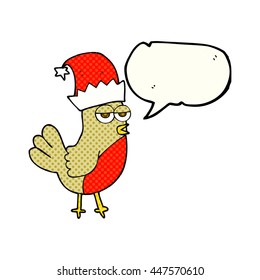 freehand drawn comic book speech bubble cartoon robin in christmas hat