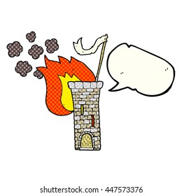 freehand drawn comic book speech bubble cartoon old castle tower waving white flag