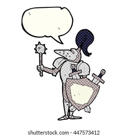 freehand drawn comic book speech bubble cartoon medieval knight with shield