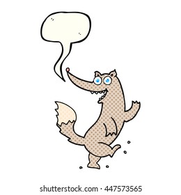 freehand drawn comic book speech bubble cartoon happy wolf dancing