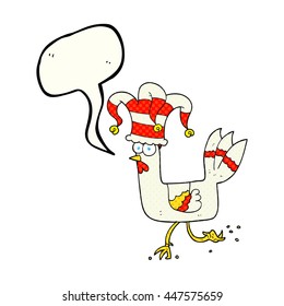 freehand drawn comic book speech bubble cartoon chicken running in funny hat