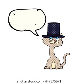 freehand drawn comic book speech bubble cartoon cat in top hat