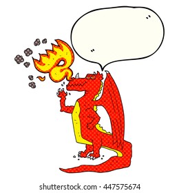 freehand drawn comic book speech bubble cartoon happy dragon breathing fire