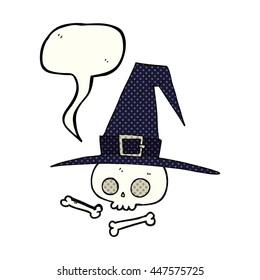 freehand drawn comic book speech bubble cartoon witch hat with skull