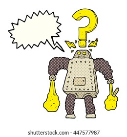 freehand drawn comic book speech bubble cartoon confused robot carrying shopping