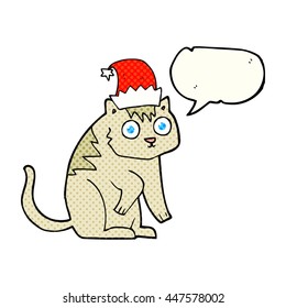 freehand drawn comic book speech bubble cartoon cat wearing christmas hat