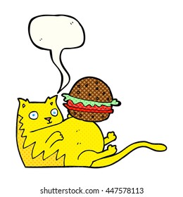 freehand drawn comic book speech bubble cartoon fat cat with burger