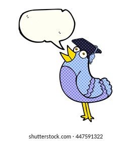 freehand drawn comic book speech bubble cartoon bird wearing graduation cap