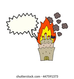 freehand drawn comic book speech bubble cartoon burning castle