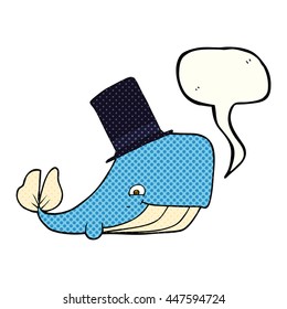 freehand drawn comic book speech bubble cartoon whale in top hat