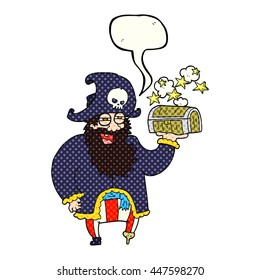 caricatura dibujada a mano libre de libro de historietas de la burbuja caricatura capitán pirata con cofre del tesoro