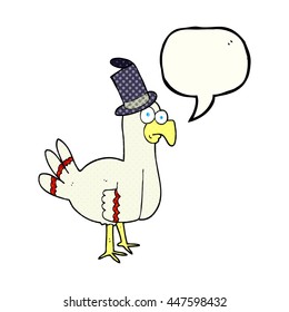 freehand drawn comic book speech bubble cartoon bird wearing top hat
