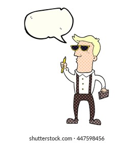freehand drawn comic book speech bubble cartoon man with notebook