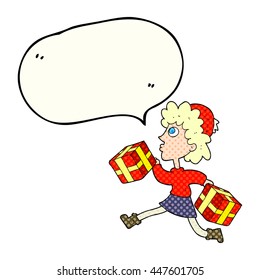 freehand drawn comic book speech bubble cartoon running woman with presents
