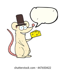 freehand drawn comic book speech bubble cartoon mouse with cheese