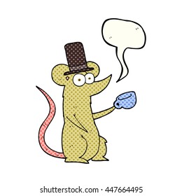 freehand drawn comic book speech bubble cartoon mouse with cup and top hat