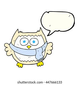 freehand drawn comic book speech bubble cartoon owl wearing scarf