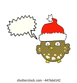 freehand drawn comic book speech bubble cartoon owl wearing christmas hat
