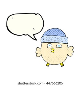 freehand drawn comic book speech bubble cartoon owl wearing hat