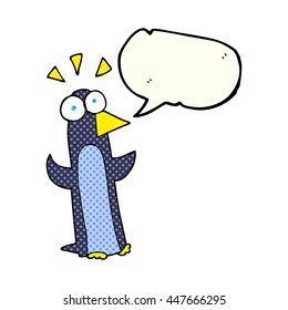 caricatura de libre dibujada en historieta de libre mano sobre la burbuja del discurso del pingüino sorprendido