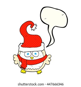 freehand drawn comic book speech bubble cartoon owl wearing christmas hat