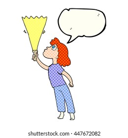freehand drawn comic book speech bubble cartoon woman searching with torch