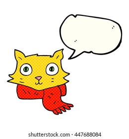 freehand drawn comic book speech bubble cartoon cat wearing scarf
