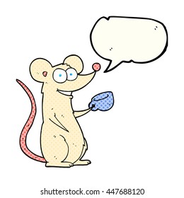 freehand drawn comic book speech bubble cartoon mouse with cup of tea