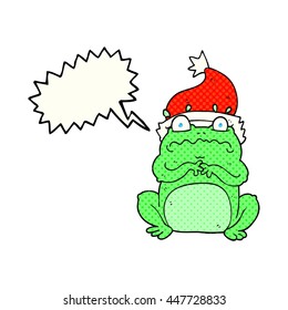 freehand drawn comic book speech bubble cartoon frog in christmas hat