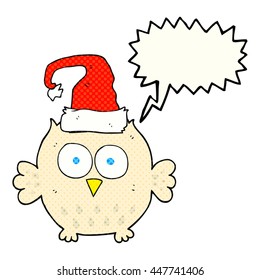 freehand drawn comic book speech bubble cartoon owl wearing christmas hat