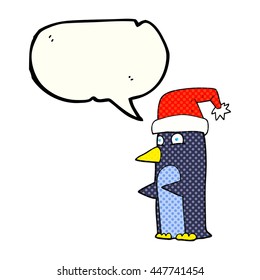 freehand drawn comic book speech bubble cartoon christmas penguin
